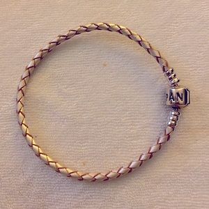 Pandora Sterling Silver Clasp Champagne Braided Leather Bracelet